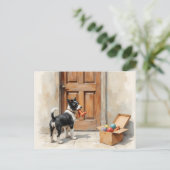 黒と白の犬からの面白い住所変更通知 ポストカード (スタンド正面)