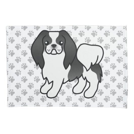 黒と白の狆のキャラクターデザイン 犬 + 肉球 枕カバー (正面)