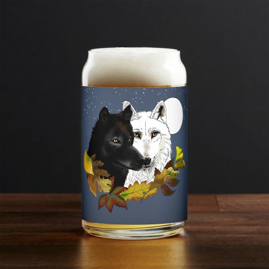 黒と白の狼 月夜の紅葉 ガラス缶