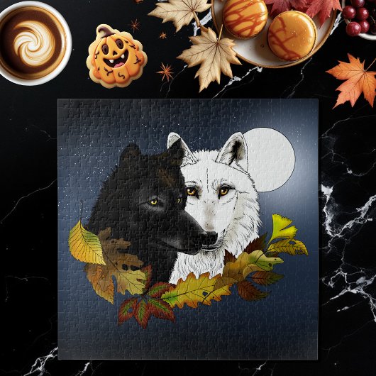 黒と白の狼 月夜の紅葉 ジグソーパズル