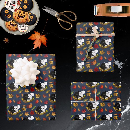 黒と白の狼 月夜の紅葉 ラッピングペーパーシート