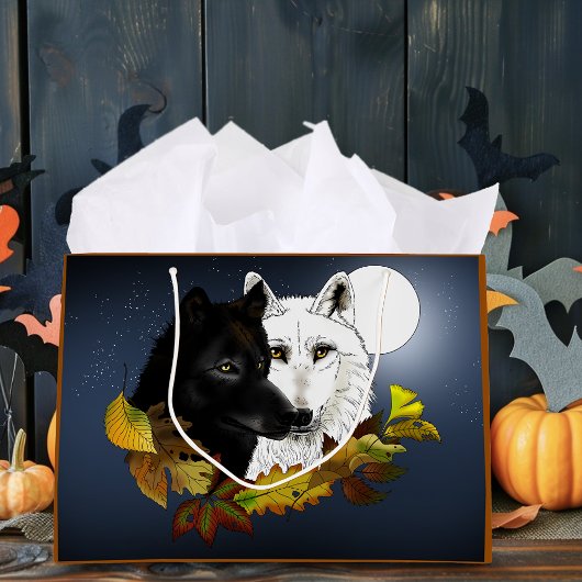 黒と白の狼 月夜の紅葉 ラージペーパーバッグ