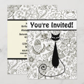 黒と白の猫と庭の誕生日招待状 招待状 (正面/裏面)