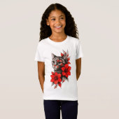 黒と白の猫と鮮やかな赤い花の模様のトドラーサイズTシャツ Tシャツ (正面フル)