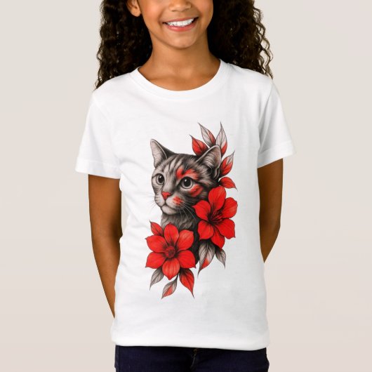 黒と白の猫と鮮やかな赤い花の模様のトドラーサイズTシャツ Tシャツ (正面)