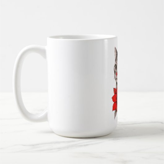 黒と白の猫と鮮やかな赤い花 コーヒーマグカップ (左)