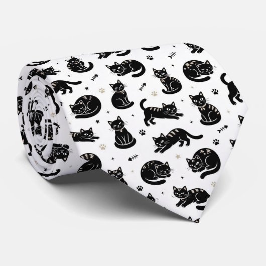黒と白の猫のイラスト ネクタイ (ロール)