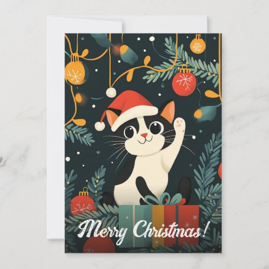 黒と白の猫のクリスマスツリーオーナメントサンタ帽子 シーズンカード (正面)