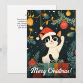 黒と白の猫のクリスマスツリーオーナメントサンタ帽子 シーズンカード (正面/裏面)