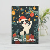 黒と白の猫のクリスマスツリーオーナメントサンタ帽子 シーズンカード (スタンド正面)