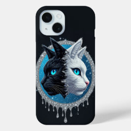 黒と白の猫のスプリットフェイス ✨ 青い目が印象的 iPhone 15ケース