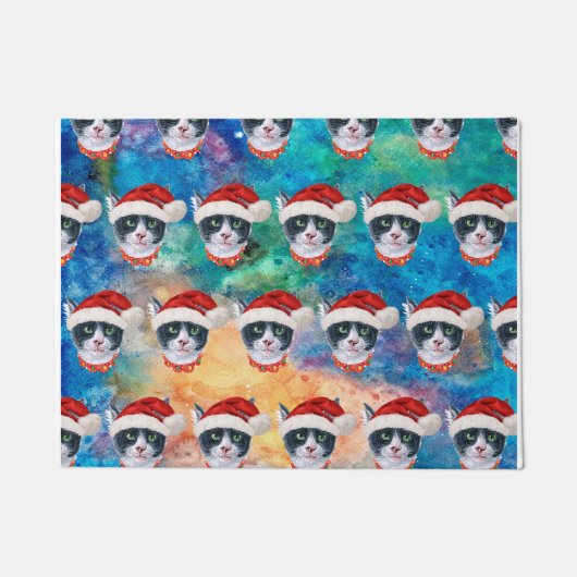 黒と白の猫の模様 クリスマスパーティー ドアマット (正面)