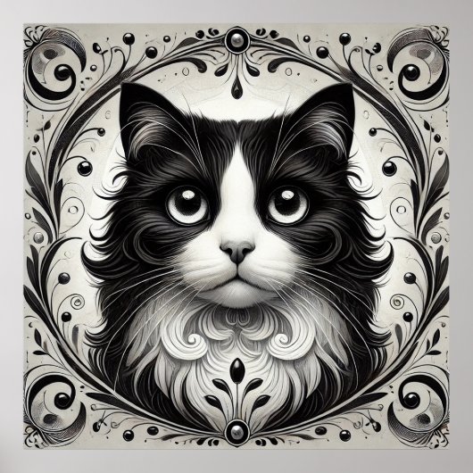 黒と白の猫の肖像画 ポスター (正面)