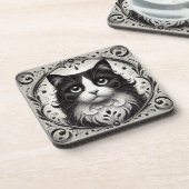 🐱 黒と白の猫の輝き ❄️ エレガントな肖像画 コースター (左側)