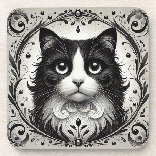 🐱 黒と白の猫の輝き ❄️ エレガントな肖像画 コースター (正面)