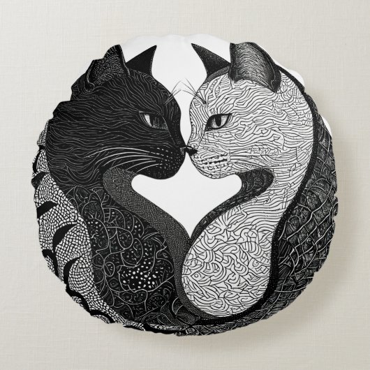 黒と白の猫の陰陽のシンボル ラウンドクッション (正面)