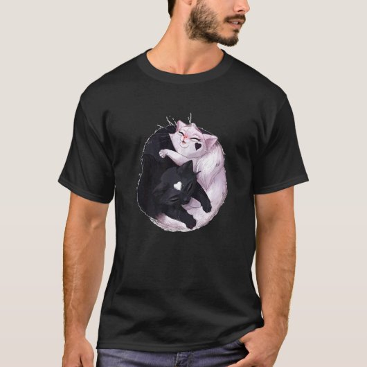 黒と白の猫の陰陽アニマル Tシャツ (正面)