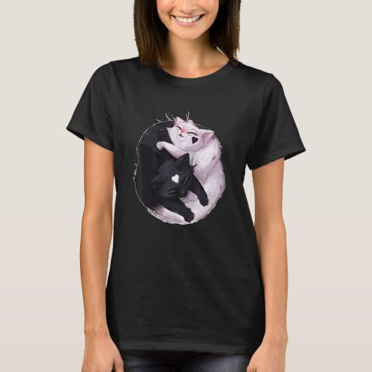 黒と白の猫の陰陽動物 Tシャツ (正面)