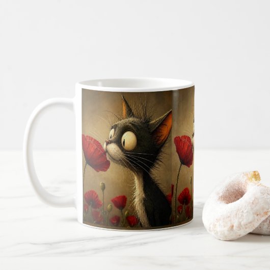黒と白の猫 赤い花 フラワー マグカップ (ドーナツ)