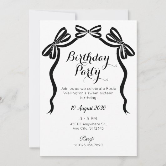 黒と白の甘いネクタイのリボンの誕生日 招待状 (正面)