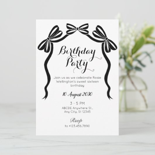 黒と白の甘いネクタイのリボンの誕生日 招待状 (スタンド正面)
