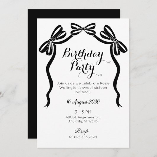 黒と白の甘いネクタイのリボンの誕生日 招待状 (正面/裏面)
