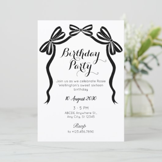 黒と白の甘いネクタイのリボンの誕生日 招待状 (スタンド正面)