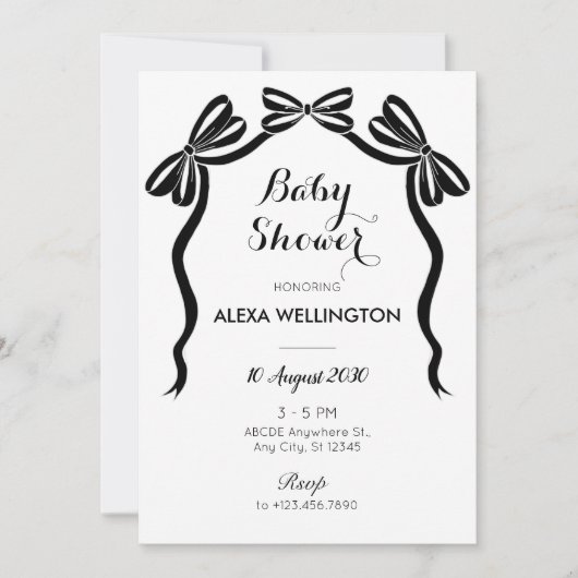 黒と白の甘いネクタイのリボン弓の赤ちゃんシャワー 招待状 (正面)