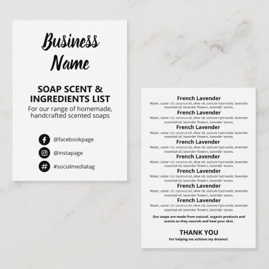 黒と白の石鹸の香りの成分リスト 名刺 (正面/裏面)