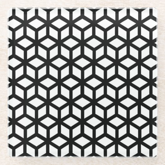 黒と白の立方体のパターン ガラスコースター (正面)