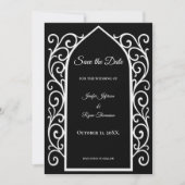 黒と白の結婚式の事前告知 ornate border 案内状 (正面)
