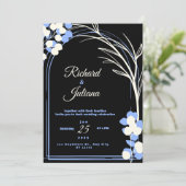 黒と白の結婚式招待状に青い花 招待状 (スタンド正面)