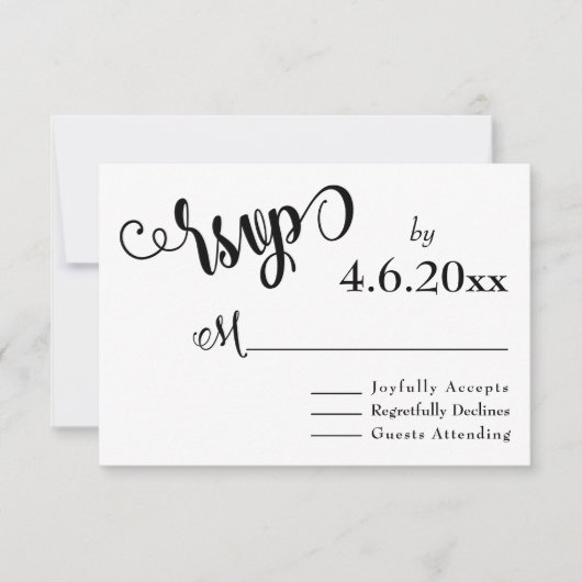 黒と白の結婚式RSVP ファンシーな手書き風フォント 出欠カード (正面)