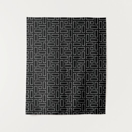 黒と白の線形ブロックパターン - 黒 タペストリー (正面)
