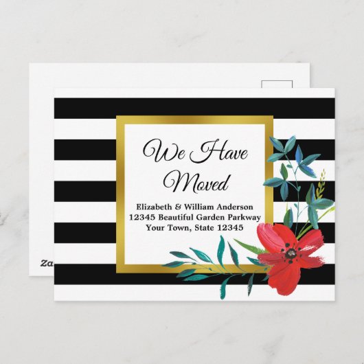 黒と白の縞模様の背景に赤い花を移動しました ポストカード (正面/裏面)