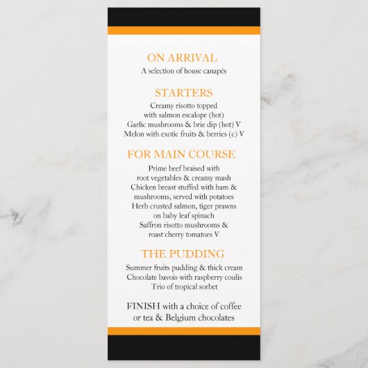 黒と白の縞模様オレンジ結婚のディナーメニュー メニュー (裏面)