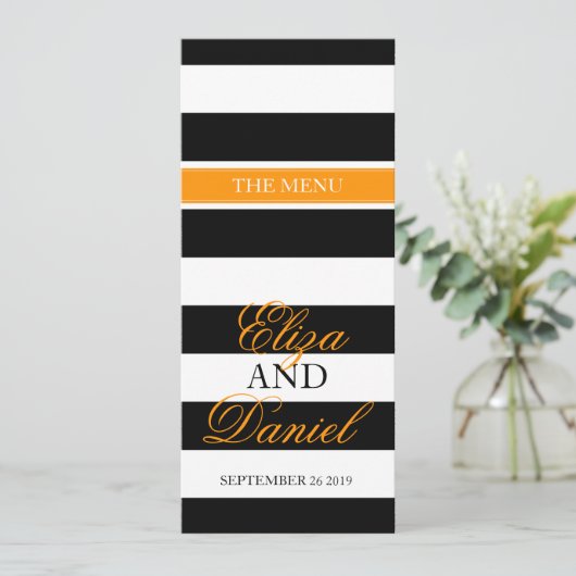黒と白の縞模様オレンジ結婚のディナーメニュー メニュー (スタンド正面)