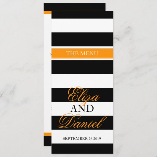 黒と白の縞模様オレンジ結婚のディナーメニュー メニュー (正面/裏面)