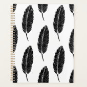 黒と白の羽素朴付けリノカットパターン プランナー手帳 (正面)