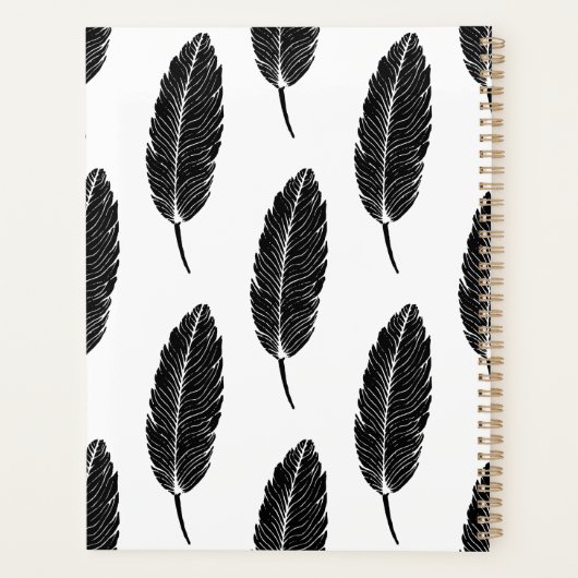 黒と白の羽素朴付けリノカットパターン プランナー手帳 (裏面)