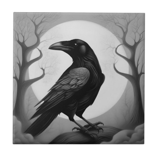 黒と白の背景に描かれたワタリガラス タイル (正面)