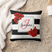 黒と白の背景に赤いポピーストライプのズ クッション (ブランケット)