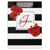 黒と白の背景に赤いポピーストライプのズ クリップボード (正面)