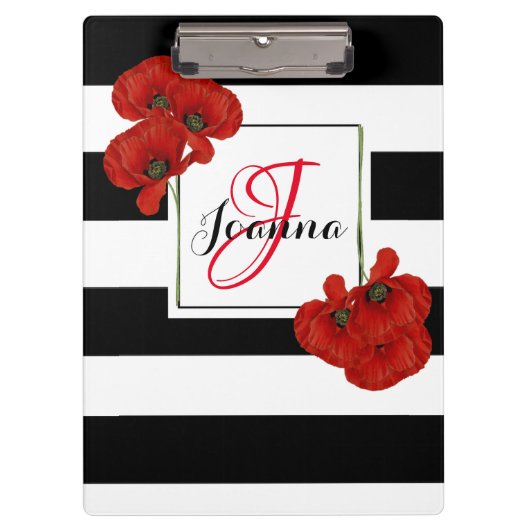 黒と白の背景に赤いポピーストライプのズ クリップボード (正面)