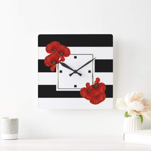 黒と白の背景に赤いポピーストライプのズ スクエア壁時計 (ホーム)