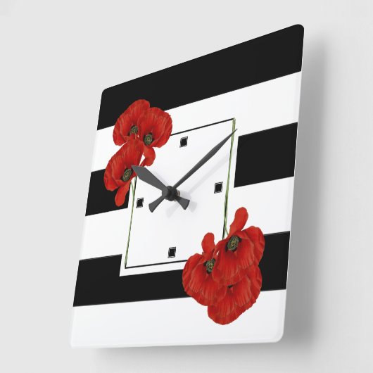 黒と白の背景に赤いポピーストライプのズ スクエア壁時計 (傾斜)