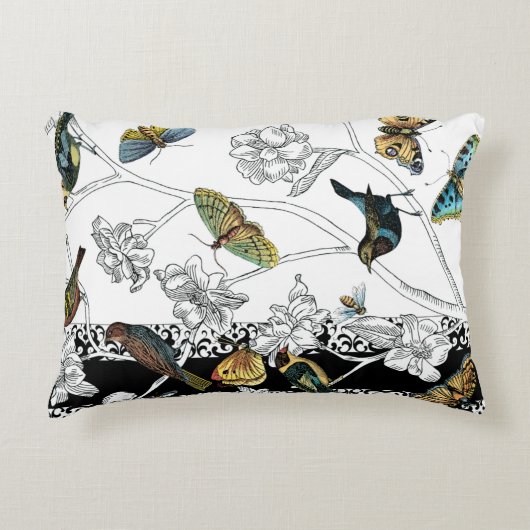 黒と白の背景の鳥と蝶 アクセントクッション (正面)