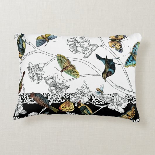 黒と白の背景の鳥と蝶 アクセントクッション (裏面)