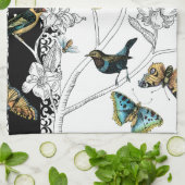 黒と白の背景の鳥と蝶 キッチンタオル (折り畳み)
