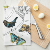 黒と白の背景の鳥と蝶 キッチンタオル (四つ折り)